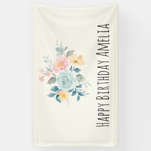 Stijlroze en blauwe ventilator Bouquet Birthday Spandoek (Verticaal)