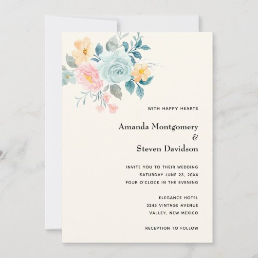 Stijlroze en blauwe ventilator Bouquet - bruiloft Kaart (Voorkant)