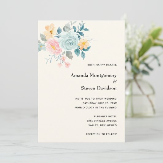 Stijlroze en blauwe ventilator Bouquet - bruiloft Kaart (Staand voorkant)