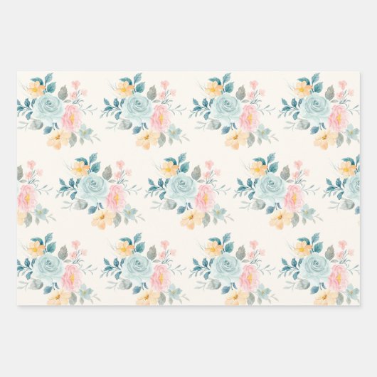 Stijlroze en blauwe ventilator Bouquet Inpakpapier Vel (Voorkant 2)