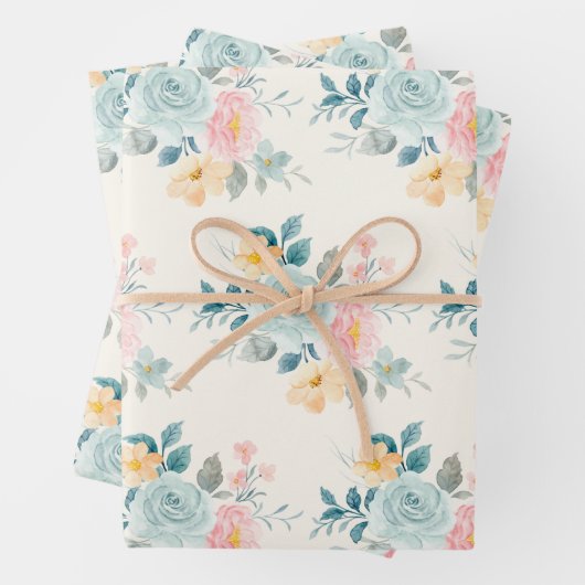 Stijlroze en blauwe ventilator Bouquet Inpakpapier Vel (In situ)