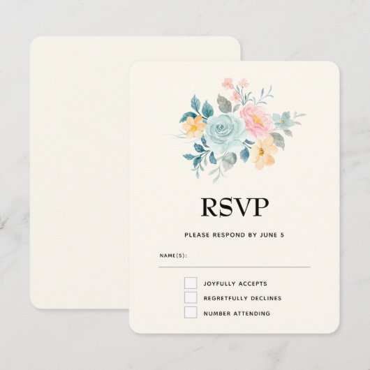 Stijlroze en blauwe ventilator Bouquet RSVP Kaartje (Voorkant / Achterkant)