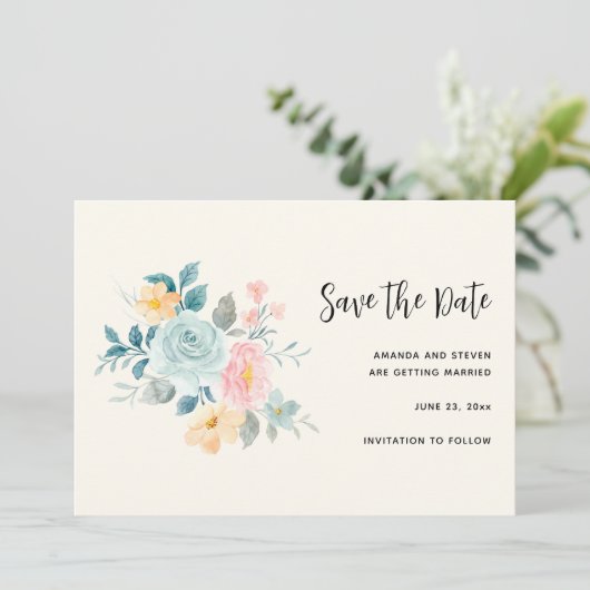 Stijlroze en blauwe ventilator Bouquet Save The Date (Staand voorkant)