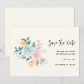 Stijlroze en blauwe ventilator Bouquet Save The Date (Voorkant / Achterkant)