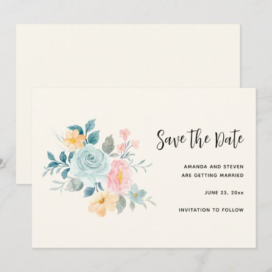 Stijlroze en blauwe ventilator Bouquet Save The Date (Voorkant / Achterkant)