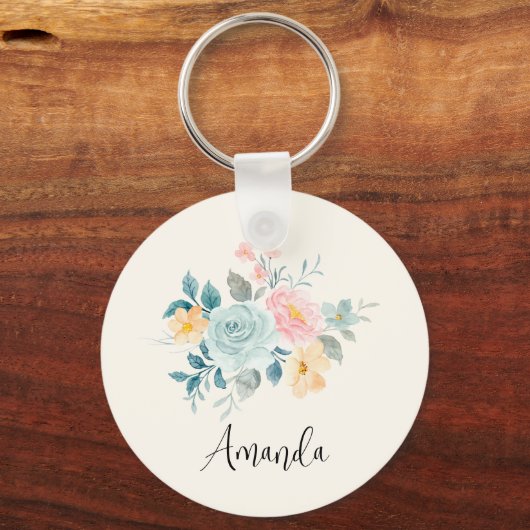 Stijlroze en blauwe ventilator Bouquet Sleutelhanger (Achterkant)