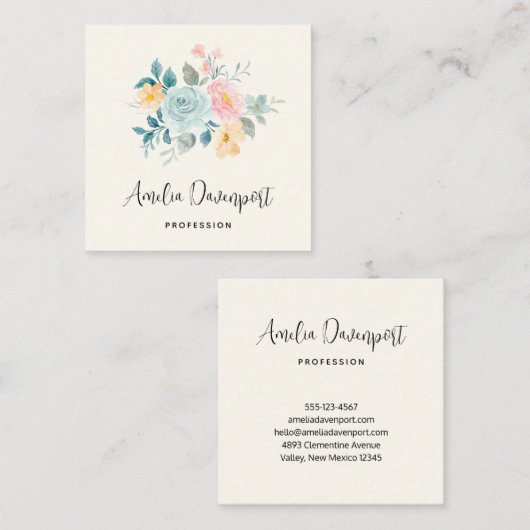 Stijlroze en blauwe ventilator Bouquet Vierkante Visitekaartje (Voorkant / Achterkant)