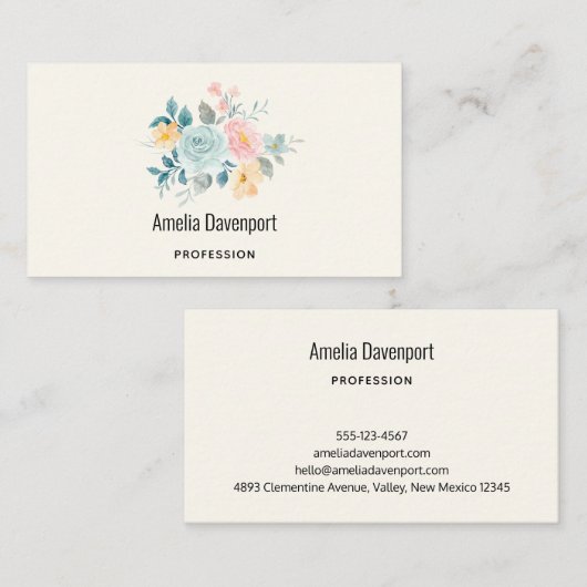 Stijlroze en blauwe ventilator Bouquet Visitekaartje (Voorkant / Achterkant)