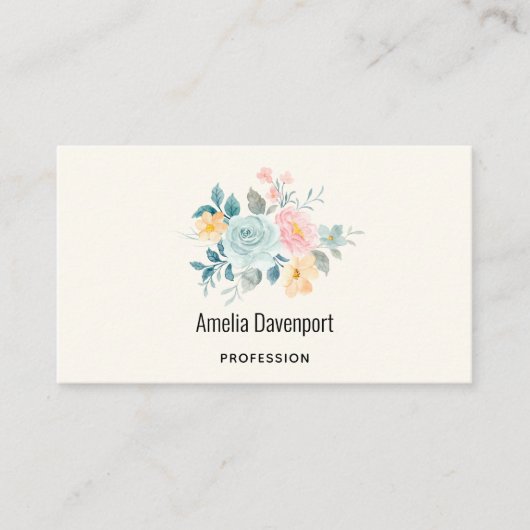 Stijlroze en blauwe ventilator Bouquet Visitekaartje (Voorkant)