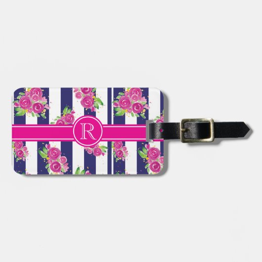 Stijlroze marine Striped Floral Chic Monogram Bagagelabel (Voorkant horizontaal)