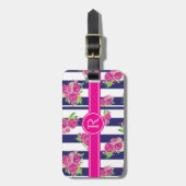 Stijlroze marine Striped Floral Chic Monogram Bagagelabel (Voorkant verticaal)