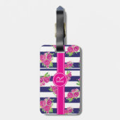 Stijlroze marine Striped Floral Chic Monogram Bagagelabel (Achterkant verticaal)