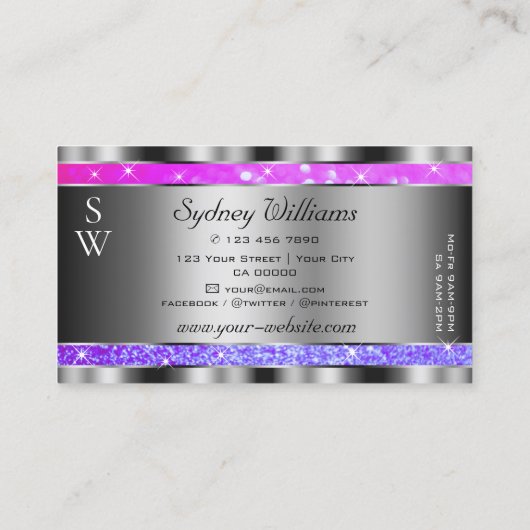 Stijlroze Paarse glitter Stars Monogram Silver Visitekaartje (Achterkant)