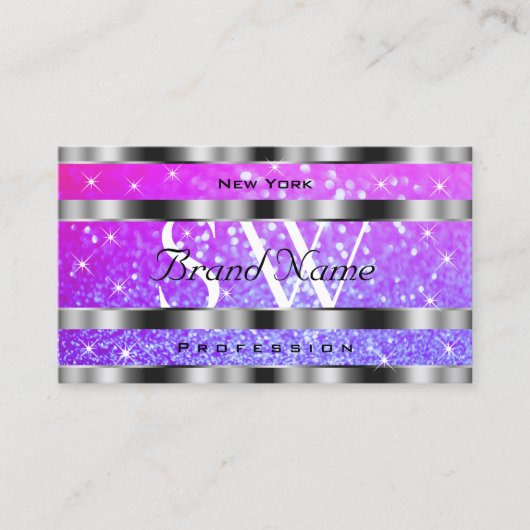 Stijlroze Paarse glitter Stars Monogram Silver Visitekaartje (Voorkant)