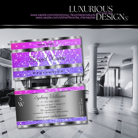 Stijlroze Paarse glitter Stars Monogram Silver Visitekaartje