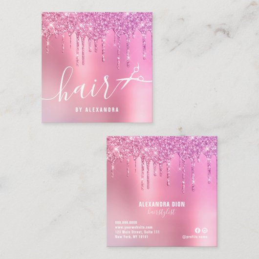 Stijlroze roze goudglitter druppelt schaar haar vierkante visitekaartje (Voorkant / Achterkant)