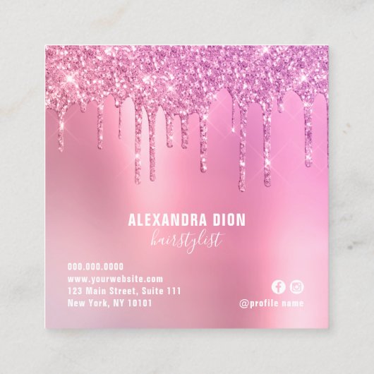 Stijlroze roze goudglitter druppelt schaar haar vierkante visitekaartje (Achterkant)