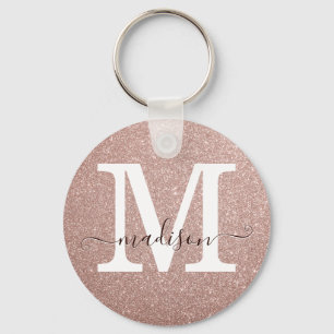 Stijlroze roze goudglitter-monogram sleutelhanger