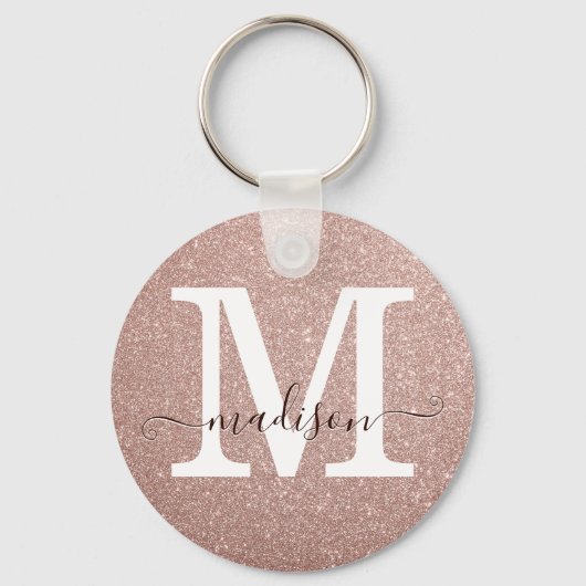 Stijlroze roze goudglitter-monogram sleutelhanger (Voorkant)