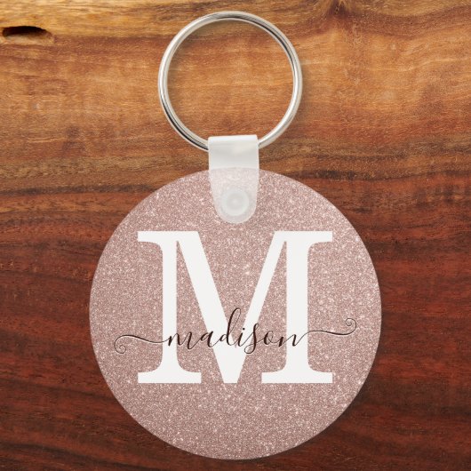 Stijlroze roze goudglitter-monogram sleutelhanger (Voorkant)