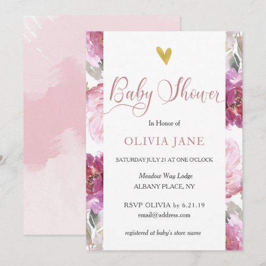 Stijlroze Waterverf Floral Baby shower uitnodigen Kaart (Voorkant / Achterkant)