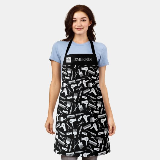 Stijltools voor zwart-wit haarklokken Naam en Logo Schort (Gedragen)