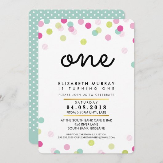 STIJLVOL 1E verjaardagsfeestje UITNODIGEN roze min Kaart (Voorkant / Achterkant)