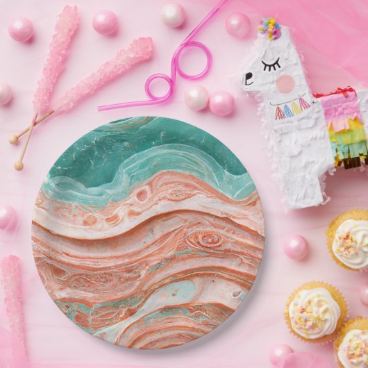 Stijlvol Abstract koraal en Blauwgroen Papieren Bordje (Feest)