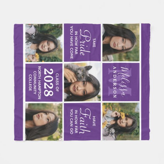 Stijlvol Afstuderen 5 Foto Collage Paars Afstudere Fleece Deken (Voorkant (Horizontaal))