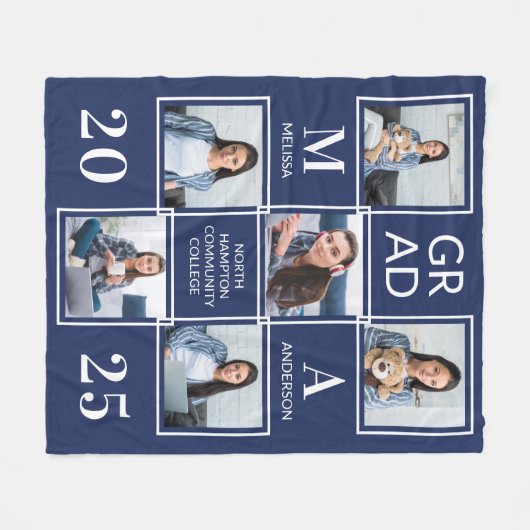 Stijlvol Afstuderen 6 Foto Navy Blue Afstuderen Fleece Deken (Voorkant (Horizontaal))
