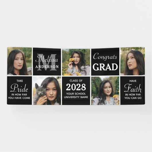 Stijlvol Afstuderen Custom 5 Photo Collage Afstude Spandoek (Horizontaal)