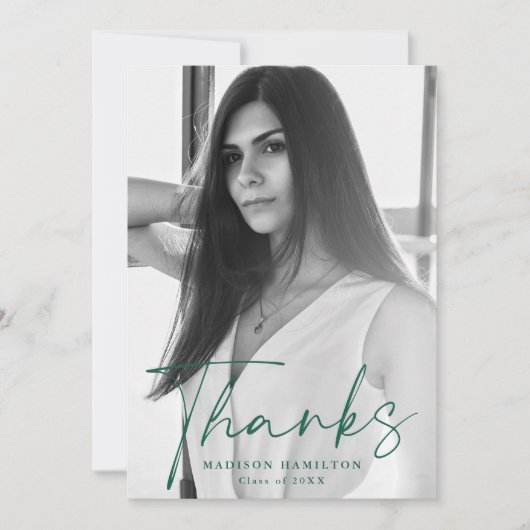 Stijlvol Afstuderen voor groene Script-foto Bedankkaart (Voorkant)