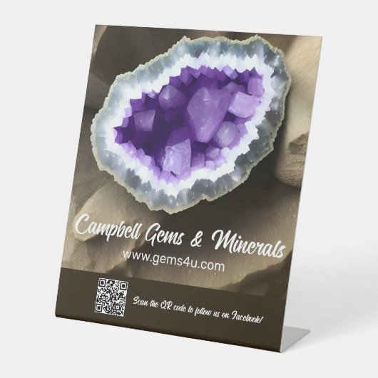 Stijlvol Amethyst Geode Custom QR Reclamebord Met Voetstuk (Voorkant)