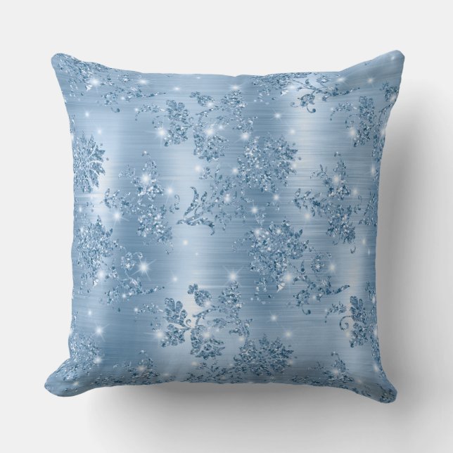 Stijlvol babyblauw Glitter en Folie Floral Kussen (Voorkant)