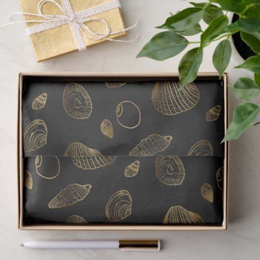 Stijlvol Black Gold Seashells Pattern Tissuepapier (Geschenk)