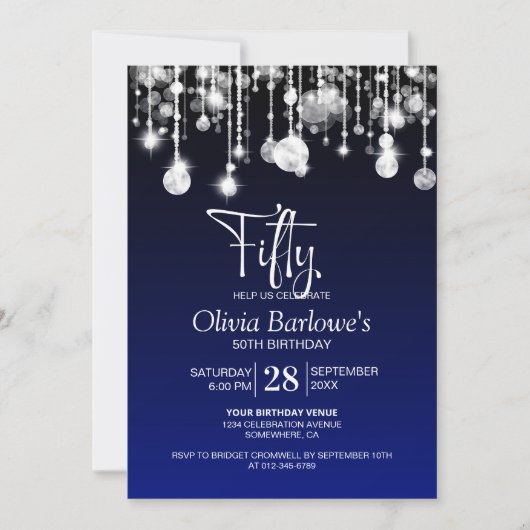 Stijlvol blauw 50ste verjaardagsfeestje kaart (Voorkant)