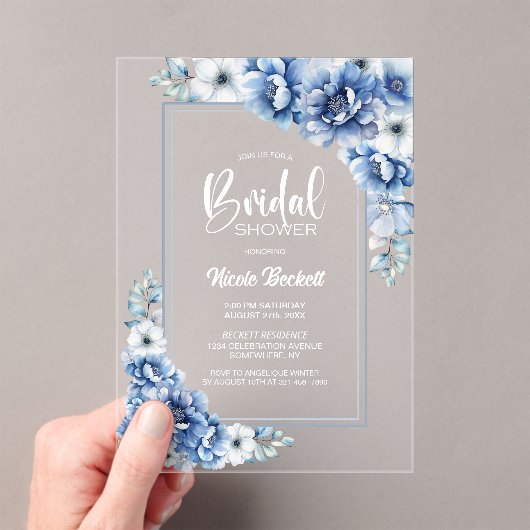 Stijlvol Blauw Bloemen Vrijgezellenfeest Acryl Uitnodigingen (Insitu (Draagbaar))