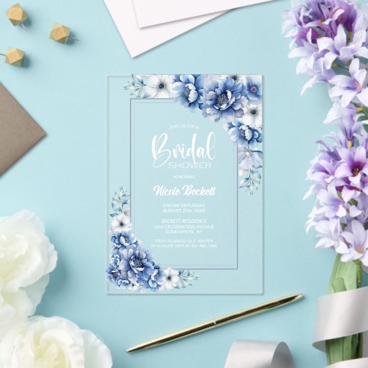 Stijlvol Blauw Bloemen Vrijgezellenfeest Acryl Uitnodigingen (Insitu (Huwelijk))