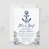 Stijlvol blauw Bloemig Nautisch Jongen baby shower Kaart (Voorkant)