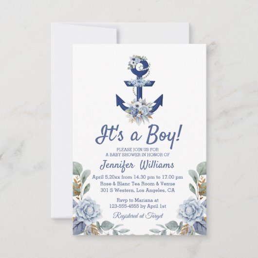 Stijlvol blauw Bloemig Nautisch Jongen baby shower Kaart (Voorkant)