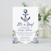 Stijlvol blauw Bloemig Nautisch Jongen baby shower Kaart (Staand voorkant)