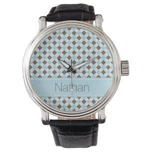 Stijlvol blauw en bruin argyle-patroon op maat horloge