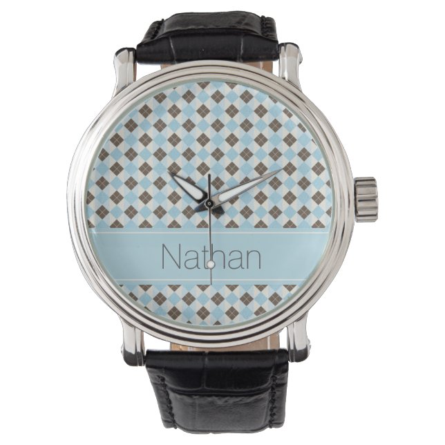 Stijlvol blauw en bruin argyle-patroon op maat horloge (Voorkant)