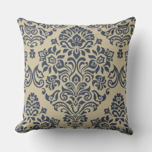 Stijlvol blauw en crème damastpatroon kussen