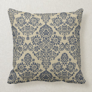 Stijlvol blauw en crème damastpatroon kussen