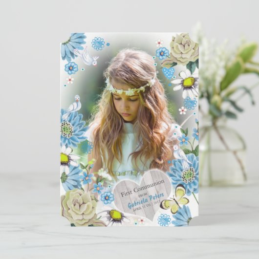 Stijlvol blauw en groen Eerste Heilige Communautei Kaart (Staand voorkant)