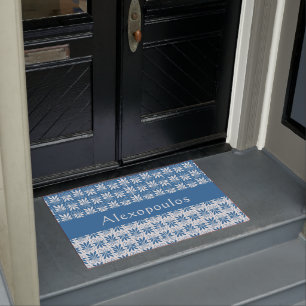 Stijlvol blauw en wit Grieks gepersonaliseerd Deurmat