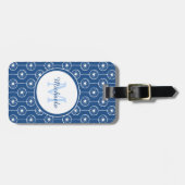 Stijlvol blauw en wit monogram met naam bagagelabel (Voorkant horizontaal)