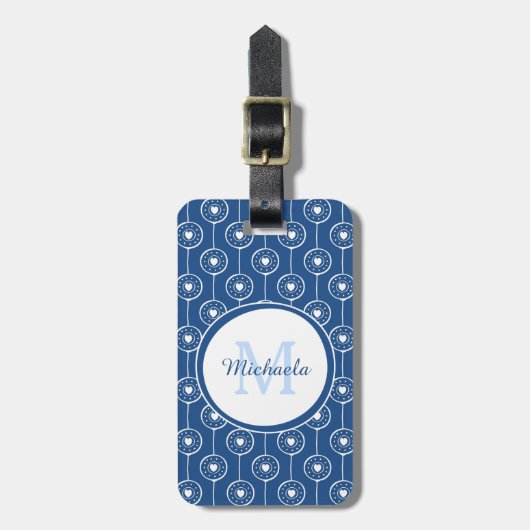 Stijlvol blauw en wit monogram met naam bagagelabel (Voorkant verticaal)