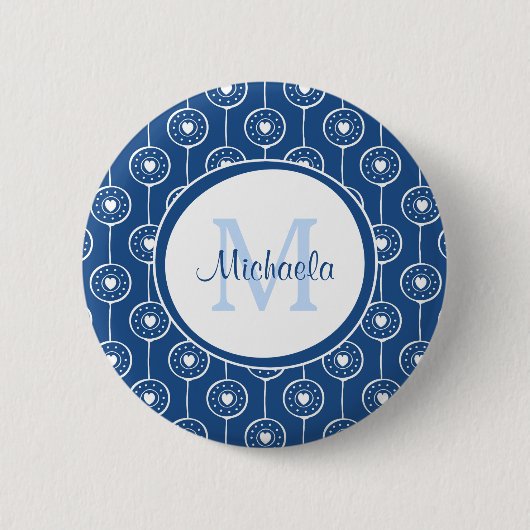 Stijlvol blauw en wit monogram met naam ronde button 5,7 cm (Voorkant)
